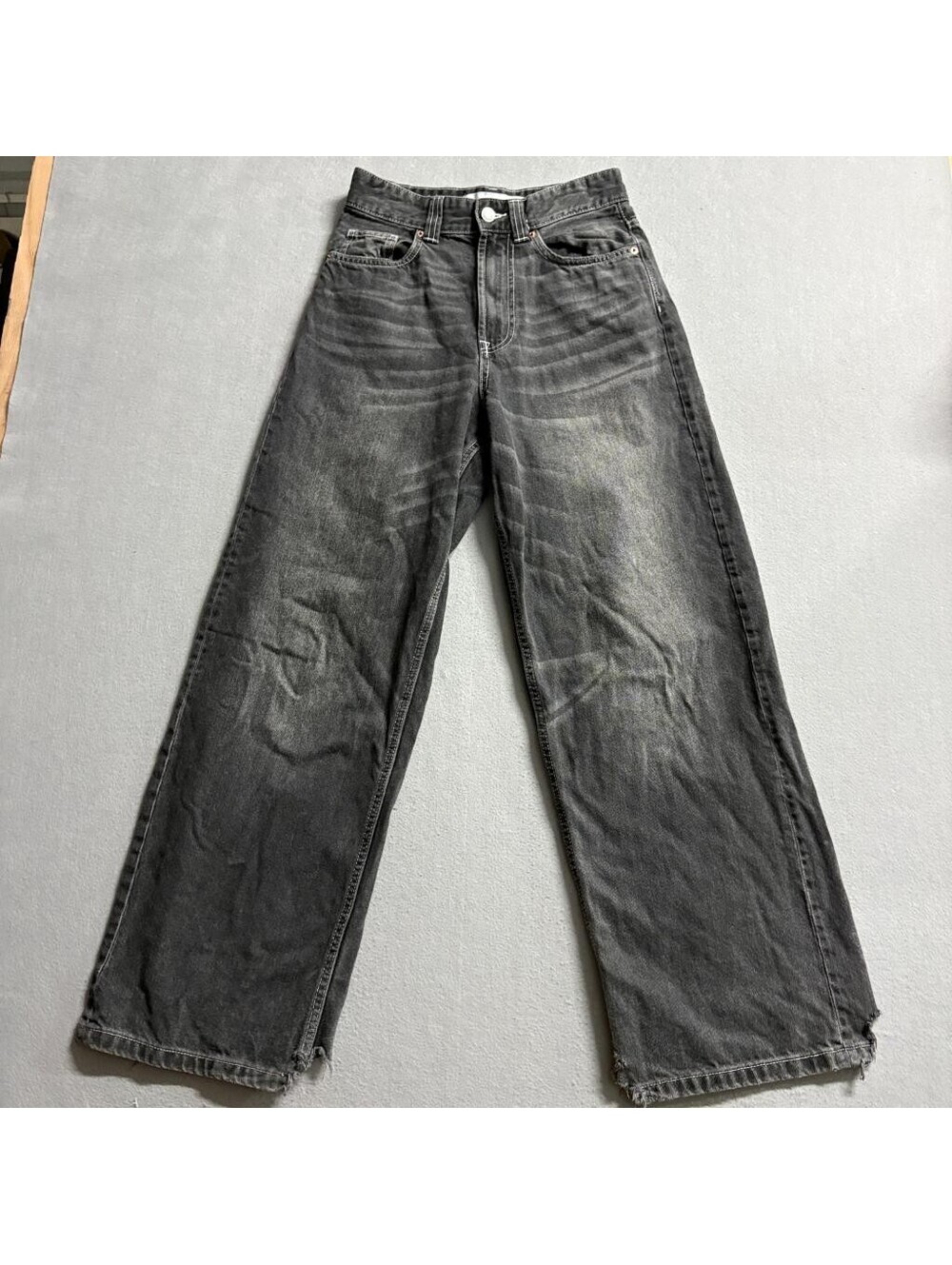 Bershka Wide Leg Jeans Womens Size 28 Gray Black Acid Wash Denim High Rise
